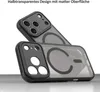 Two black iPhone cases with a matte finish and transparent backs are displayed diagonally on a light gray surface. Produktbild-Vorschau