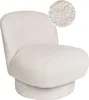 A cream-colored bouclé fabric armchair with a swivel base, shown against a white background. A circular inset shows a close-up of the fabric texture. Podgląd zdjęcia produktu