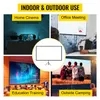Collage of four scenes showing different uses of a projector screen: home cinema, office meeting, education training, and outdoor camping. Produktbild-Vorschau