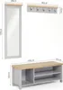 A collage of three furniture items for an entryway: a tall mirror, a wall-mounted coat rack with hooks, and a shoe bench with shelves. Voir les images du produit