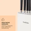 A close-up of a knife block with knives, next to a marketing text box with a thumbs-up icon. Produktbild-Vorschau