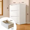 A white dresser with dimensions shown, and a close-up of a drawer with its dimensions. Podgląd zdjęcia produktu