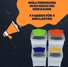 A marketing image showing four stackable trash bins with different colored lids, accompanied by promotional text. Produktbild-Vorschau