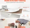 A sewing table with various features highlighted, including its tabletop material, storage, and ease of cleaning and scratch resistance. Voir les images du produit