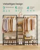 A multi-panel collage advertising a SONGMICS open wardrobe rack with shelves. Various clothing items like jackets, shirts, and dresses are displayed on the racks, along with accessories like bags and hats on the shelves. Several pairs of shoes are also arr Produktbild-Vorschau