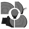 A collage of close-up views of a round, gray seat cushion with a geometric pattern and a black strap. Produktbild-Vorschau