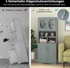 A split image showing safety features of a cabinet. The left side shows a cabinet falling over, and the right side shows a cabinet secured to the wall with a safety strap. Produktbild-Vorschau