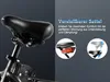 A close-up of a bicycle seat with accompanying marketing text and diagrams. Produktbild-Vorschau