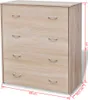 A chest of drawers with four drawers, shown from a slightly angled front view. Dimensions are indicated with red lines and text. Náhled obrázku produktu