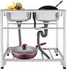 A commercial stainless steel double sink with various kitchen items and fruits on top. Náhled obrázku produktu