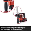 A cordless hammer drill with a rotating handle shown in two positions, with text describing its features. Produktbild-Vorschau