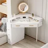 A white corner vanity desk with a lighted mirror and various makeup products on display. Produktbild-Vorschau