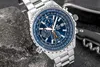 A close-up shot of a men's wristwatch with a blue dial, placed on a dark, textured surface next to a rock. Produktbild-Vorschau