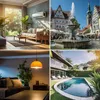 A collage of four images: a living room with a sofa and air conditioner, a European town square with a fountain, a dimly lit room with a hanging lamp, and a modern house with a swimming pool. Produktbild-Vorschau