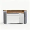 A modern reception desk with a curved wooden top and textured gray sides. Produktbild-Vorschau