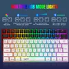 A marketing image showing a compact keyboard with RGB lighting and instructions on how to change the lighting modes. Produktbild-Vorschau