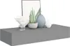 A gray floating shelf with decorative items on it, including a white shell-like object, a potted plant, and two vases. Produktbild-Vorschau