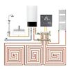 Diagram illustrating a home heating and plumbing system, including a water heater, sink, shower, towel radiator, digital thermostat, and underfloor heating pipes. Náhled obrázku produktu