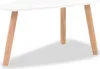 Close-up view of the underside of a white, triangular coffee table with three wooden legs. Produktbild-Vorschau