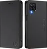 A black leather flip wallet case for a smartphone, shown from the front and back. Produktbild-Vorschau