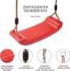 A red swing seat with ropes and descriptive text and icons at the bottom. Anteprima dell’immagine prodotto