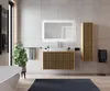 A modern bathroom with a vanity, sink, mirror, and bathtub. Produktbild-Vorschau