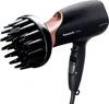A black Panasonic hair dryer with a rose gold accent and a black diffuser attachment is shown against a white background. Podgląd zdjęcia produktu
