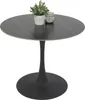 A round black marble-look dining table with an anthracite trumpet base, shown from a side angle with a small potted plant and a jar of pebbles on top. Produktbild-Vorschau