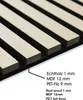 Close-up view of wooden slats with labels indicating material composition. Produktbild-Vorschau