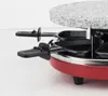 A close-up view of a red raclette grill with black handles and a granite cooking surface. Produktbild-Vorschau