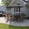 An outdoor patio scene with a dining set and umbrella, next to a house. Produktbild-Vorschau