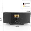 A product shot of a black DAB radio with dimensions indicated. Produktbild-Vorschau