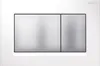 A close-up, front-facing view of a white toilet flush plate with two silver buttons. Produktbild-Vorschau