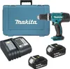 A Makita cordless drill set including the drill, two batteries, a charger, and a carrying case, all displayed on a white background. Produktbild-Vorschau