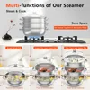 A multi-tiered steamer set is shown on a stovetop, with examples of its use in different configurations below. Náhľad obrázku produktu
