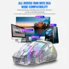 A transparent RGB gaming mouse is shown in the foreground, with various electronic devices like a smart TV, an all-in-one PC, a notebook, and a desktop PC in the background, illustrating wide compatibility. Produktbild-Vorschau
