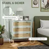 A light green dresser with rattan-look drawers is shown in a bedroom setting, next to a bed. The dresser has decorative elements and is positioned on a wooden floor. Produktbild-Vorschau