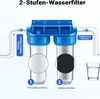 A diagram illustrating a two-stage water filter system with labels indicating the flow of untreated and filtered water. Produktbild-Vorschau