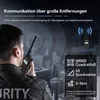 A security guard holding a walkie-talkie in a city environment, with marketing text and feature callouts. Produktbild-Vorschau