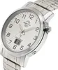 A close-up, angled view of a men's wristwatch with a silver metal band and a white face. Produktbild-Vorschau