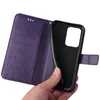 A hand is holding a purple flip phone case open, revealing the inside of the case and the phone it is designed to hold. Produktbild-Vorschau
