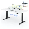 A white standing desk with dual monitors, a laptop, keyboard, mouse, and controller shown on top. Blue wireframe diagrams illustrate the desk's lifting mechanism. Anteprima dell’immagine prodotto