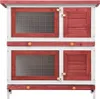 A two-tiered wooden hutch with red accents and wire mesh windows. Produktbild-Vorschau