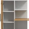 A close-up view of a white and wood-colored shelf unit with a desk surface. Anteprima dell’immagine prodotto