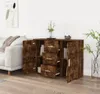 A wooden sideboard with open doors and drawers, placed in a living room setting next to a sofa. Voir les images du produit