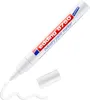 A white Edding 8750 industry paint marker with its cap off, showing a white paint line on a white background. Produktbild-Vorschau