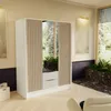 A modern wardrobe with slatted doors and mirrored panels is shown in a well-lit room with plants and artwork. Produktbild-Vorschau