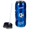 A blue thermos can with a soccer ball design and a straw and lid next to it. Náhled obrázku produktu