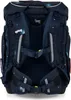 The back of a dark blue backpack with a starry pattern. Produktbild-Vorschau