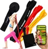 A woman is demonstrating the use of resistance bands, with various bands and a storage bag displayed. Produktbild-Vorschau
